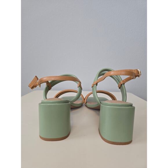 Torgeis New York Palm Heels Strappy Green & Tan Block Sandal Size 11 Preppy - Picture 5 of 9